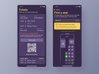 Seat Finder - Style exploration. Dark Version. app application booking card design interface ticket travel ui ux