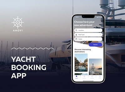 Yacht Booking App Ahoy! UI/UX Design. app black blue design mobile app purple ui ux yacht yacht booking