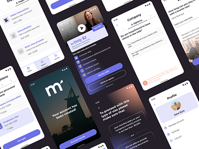 Mission: Relocation App. Product Design. app black blue design dubai fiolet gradient mobile app peach product design purple relocation screens uae ui ux