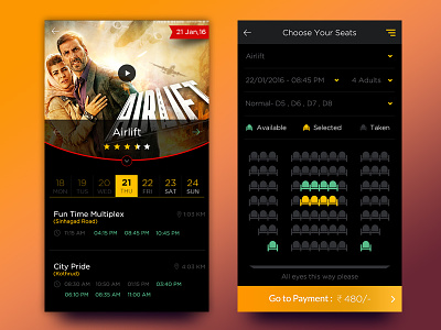 Booking App app booking bookmyshow cinema ios material minimal movie rating seats ticket ui