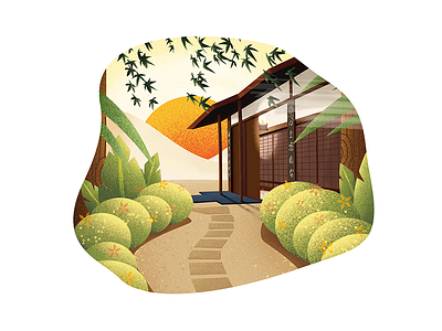 A Sunrise illustration kyoto sun sunrise temple trail tree