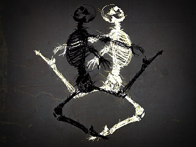 Danse Macabre black and white dancing figures mixed media pen and ink textures