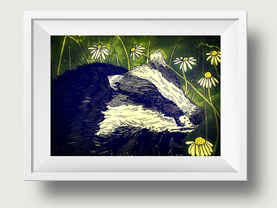 Badger & Daisies badger creatures daisies grass illustration mixed media nature woodland