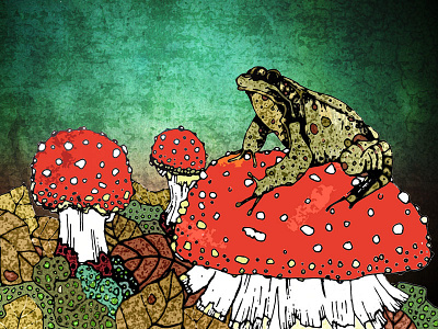 Frog Contemplating A Toadstool fly agaric frog fungi illustration leaves magic mushroom moss nature toad toadstool woodland