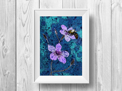 Bee On Linseed Flowers bee flower foliage illustration insects linseed mixed media