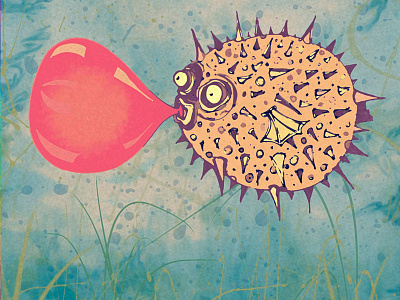 Pufferfish balloon comedy illustration mixed media pen and ink puffer fish pufferfish