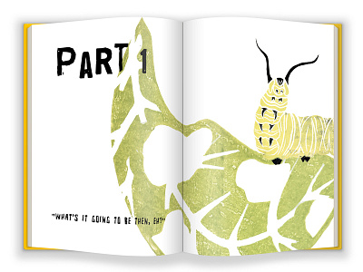 Partonebookmockup book layout caterpillar graphic design illustration life cycle lino print metamorphosis monarch butterfly nature story illustration