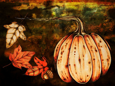 Autumnal acorn autumn fall halloween illustration leaves marker pen mixed media orange pen and ink pumpkin samhain