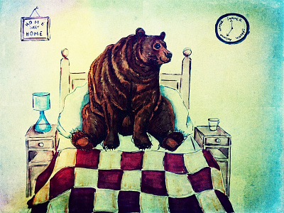 Bear at bedtime autumn bear bed cave drawing hibernation illustration pen and ink