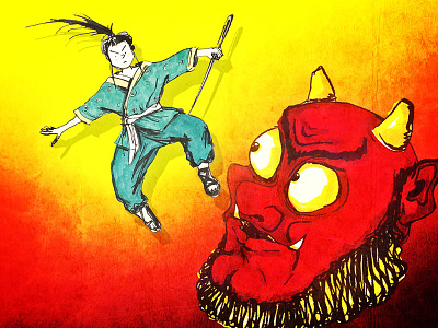 Inch High Samurai demon fairy tales illustration japanese folklore kid lit art ninja ogre oni pen and ink samurai