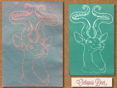 Octopus Deer Print (Linocut) deer linocut linoleum octopus printmaking