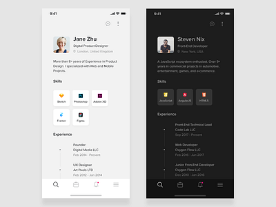 Resume Mobile App for iOS (Black & White) app app concept attachment black black and white cv designer developer experience ios ios 12 iphone x iphone xs mobile profile resume skills ui deisgn ux design white