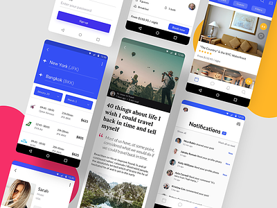 Awesome Android UI Kit II adobexd android android app app blog ecommerce figma gallery material material ui mobile mobile design newsfeed profile sketch templates travel ui kit ui8 vector