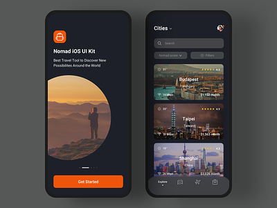 🎒Nomad iOS UI Kit with Design System II app backpack cities digital nomad explore figma filter ios mobile nomad onboarding sketch templates travel traveling trip trips ui kit ui8 vector