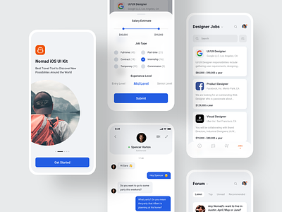 🎒Nomad iOS UI Kit with Design System V app backpack chat designer digital nomad filters forum ios job jobs mobile nomad onboarding search templates topic travel traveling ui kit ui8