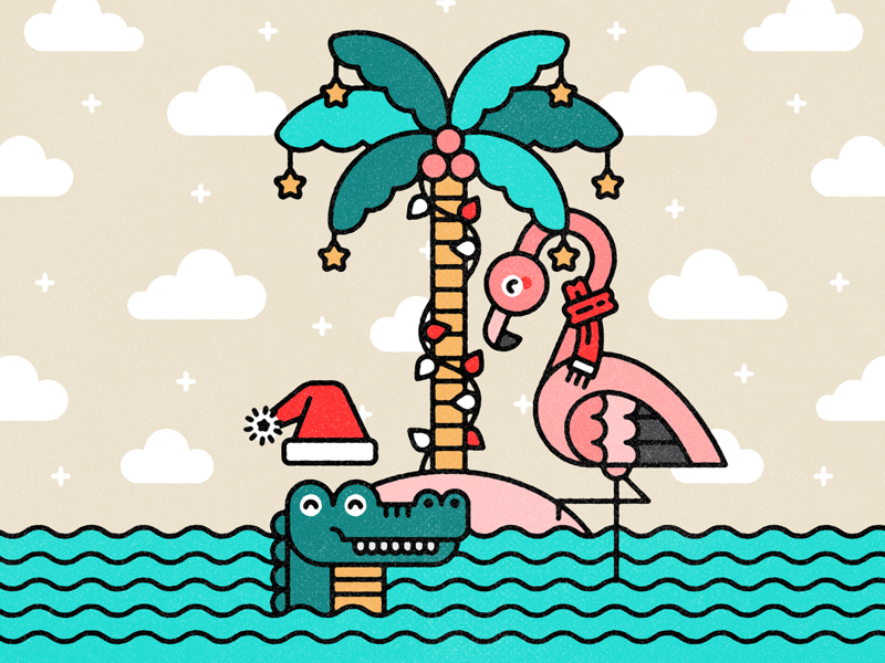 Christmas in July minimal cute vector monoline flat design illustration animal alligator bird gator flamingo florida july christmas