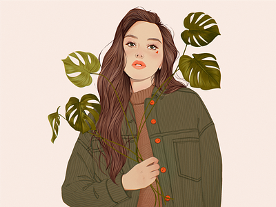 monstera araceae character design flora flowes girl green greenery hair hairstyle leaves monstera monstera deliciosa natura nature outfit personal illustartion portrait