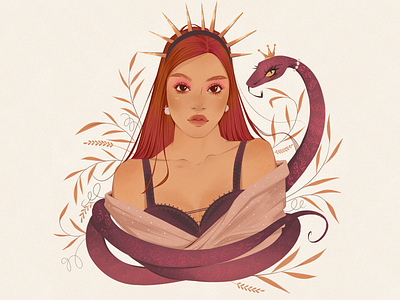 snake queen animal art colorful crown design girl graphic design hair hairstyle illustration leaves makeup outfit outfit design portrait snake snakeillustration