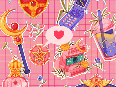 Sailor Moon starter pack art assets branding cartoon colorful design flowers girl graphic design illustration leaves logo moon paraphernalia pink portrait sailor moon stickers sweet ui