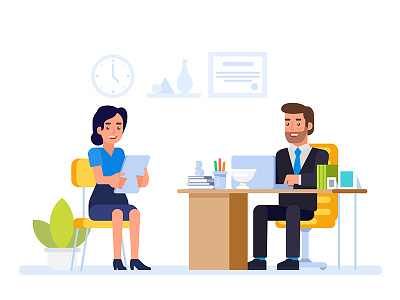 HR manager meeting job applicant in director office. applicant art artwork big boss candidate design director flat hr illustration job manager office vector