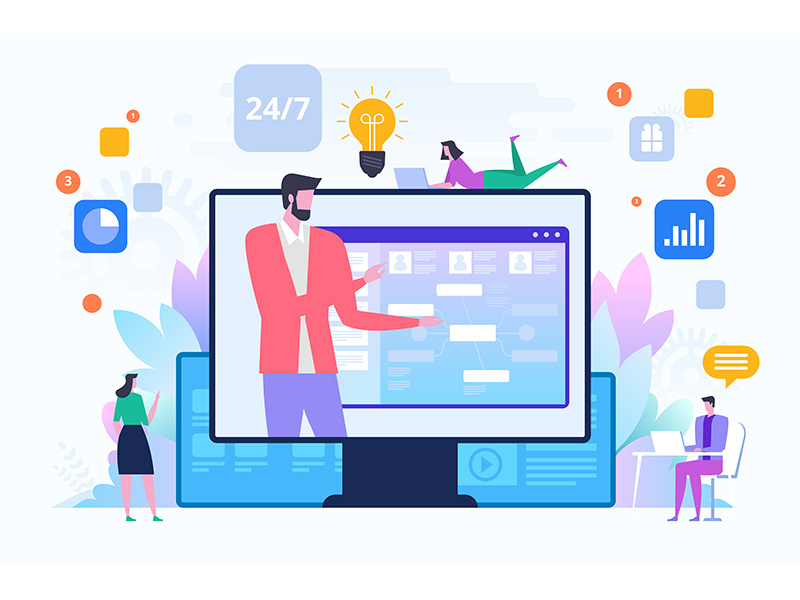 Customer service, male hotline operator advises client client advises operator hotline service customer concept icon flat design artwork art vector illustration