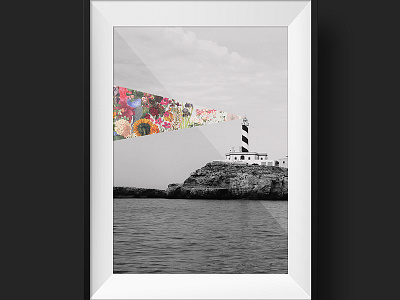 Lighthouse black and white digital collage floral flowers lighthouse