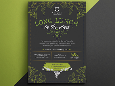 Long Lunch in the Vines dark flyer foliage layout poster rustic vines wines