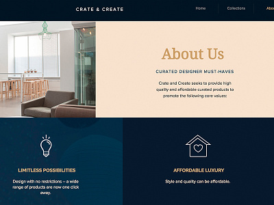 About page about page crate and create furniture icons interior typography web design website