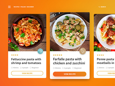 Minimal UI Recipe Cards card cards dailyui food gradient mobile navigation recipe search ui ux