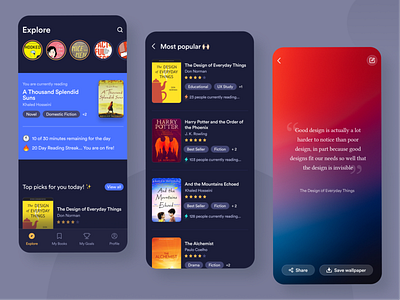 Read'n : An app for building reading habit 2022 ui trends blue book app books dark mode dark mode app design habit app indian designer mobile app mobile app design mobile application reading app self growth ui ui design uiux ux ux design wireframes