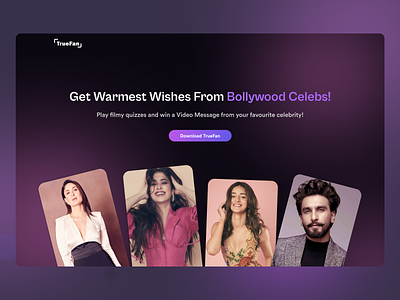 TrueFan: Landing Page UI 2022 ui trends celebrity app dark mode dark ui hero hero section home page landing page minimal pink purple ui ux web design