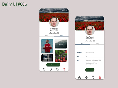 Daily UI Challenge: User Profile #006 about app bio challenge daily ui data design gallery icons name profile settings social networks social profile ui user profile ux