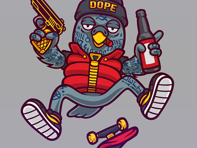 Pigeon beer dope gun illustration illustrator pigeon skateboard vector