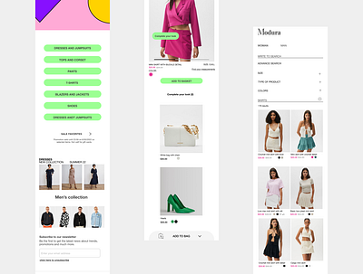 Modura eCommerce clothing brand UI design. app branding home page logo minimal mobile screen individual item search page typography ui