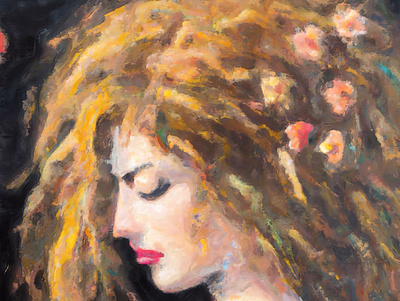 Lady's adorned hair with flowers art on sale decorative design digital art expressionism flowers frame home decor illustration image impressionism lady face office decor oil paintings picture portrait poster print representation woman