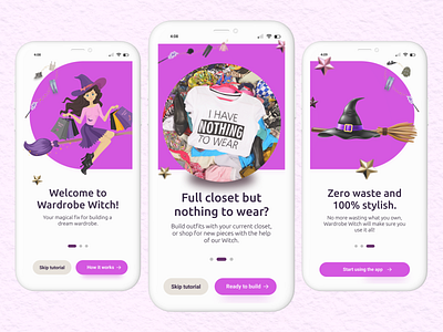 Wardrobe Witch: Onboarding Screens app branding design fashion figma icon illustration logo mobile app mobile design prototype typography ui ux