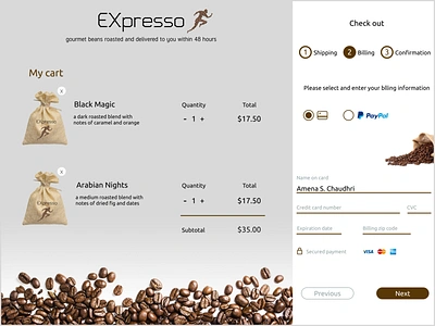 #DailyUI Challenge: 002 Credit Card Checkout branding checkoutpage coffee creditcard creditcardcheckoutpage dailyui002 dailyuichallenge design designer espresso figma icon illustration logo orderform signout ui uxui