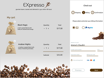 #DailyUI Challenge: 002 Credit Card Checkout branding checkoutpage coffee creditcard creditcardcheckoutpage dailyui002 dailyuichallenge design designer espresso figma icon illustration logo orderform signout ui uxui