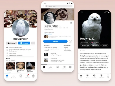 #DailyUI Challenge 006: Profile Page app branding comedy dailyui dailyui006 dailyuichallenge datingapp design facebook figma harrypotter hedwig icon illustration linkedin logo profilepage ui ux vector