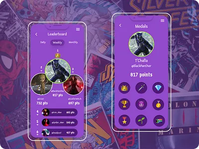 Daily UI Challenge: Leaderboard app blackpanther branding dailyui019 dailyuichallenge design figma icon illustration kingtchalla leaderboard logo marvel marveldesign mobile design spiderman superheroes ui ux vector