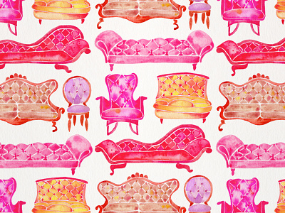 Victorian Lounge – Pink Palette chair couch furniture interior design victorian watercolor