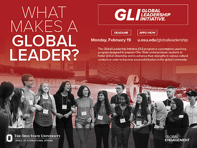 Advertising Flyer for Student Organization advertising applygli bold color branding global global leader global leadership initiative initiative leadership networking recruiting red
