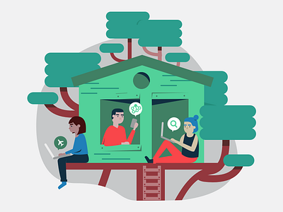 productivity treehouse! flat freelance green illustration treehouse trees vector