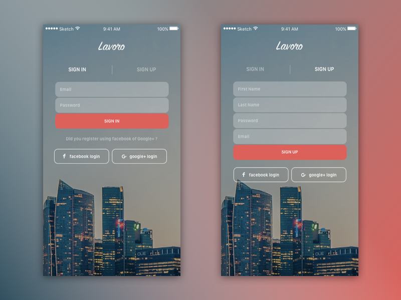 Sign in / Sign Up iOS gradient form google plus facebook social sign in sign up login ios mobile