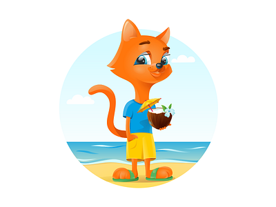Summer is coming! 2d art beach cat character design illustration kitty mascot summer sun vector