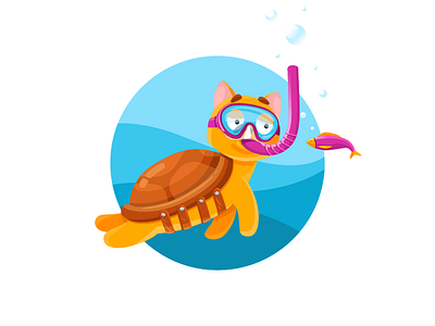 Tricky hunter cartoon cat chracter design fishing illustration sea turtle underwater