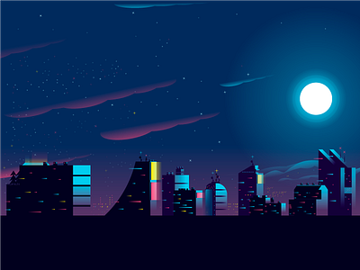 Cityscape blue buildings city moon neon night