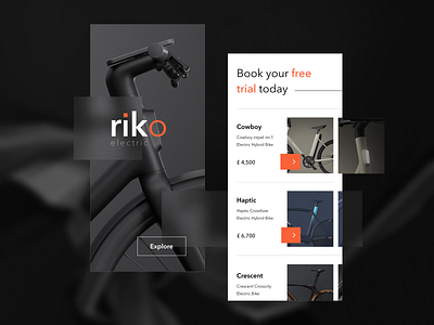 Riko Electric App app bicycle bike book branding colors concept design e commerce eco ecommerce electric logo mobile online shop online store rent shopping cart ui ux