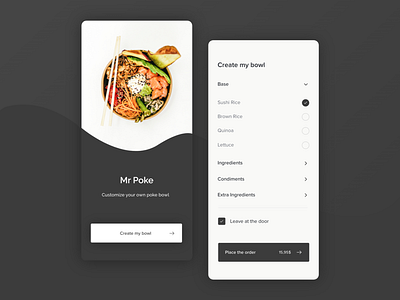 Mr Poke app design black and white food gradients input box mobile ordering app poke bowl ui design web design