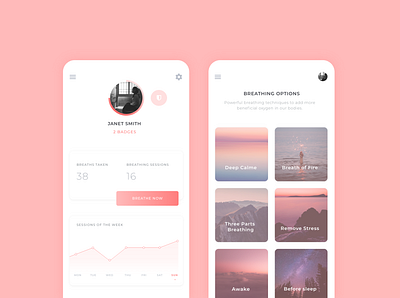 Breathing App adobe xd app design breathing calming dashboad design grid layout interface design pink ui ux ux design web design